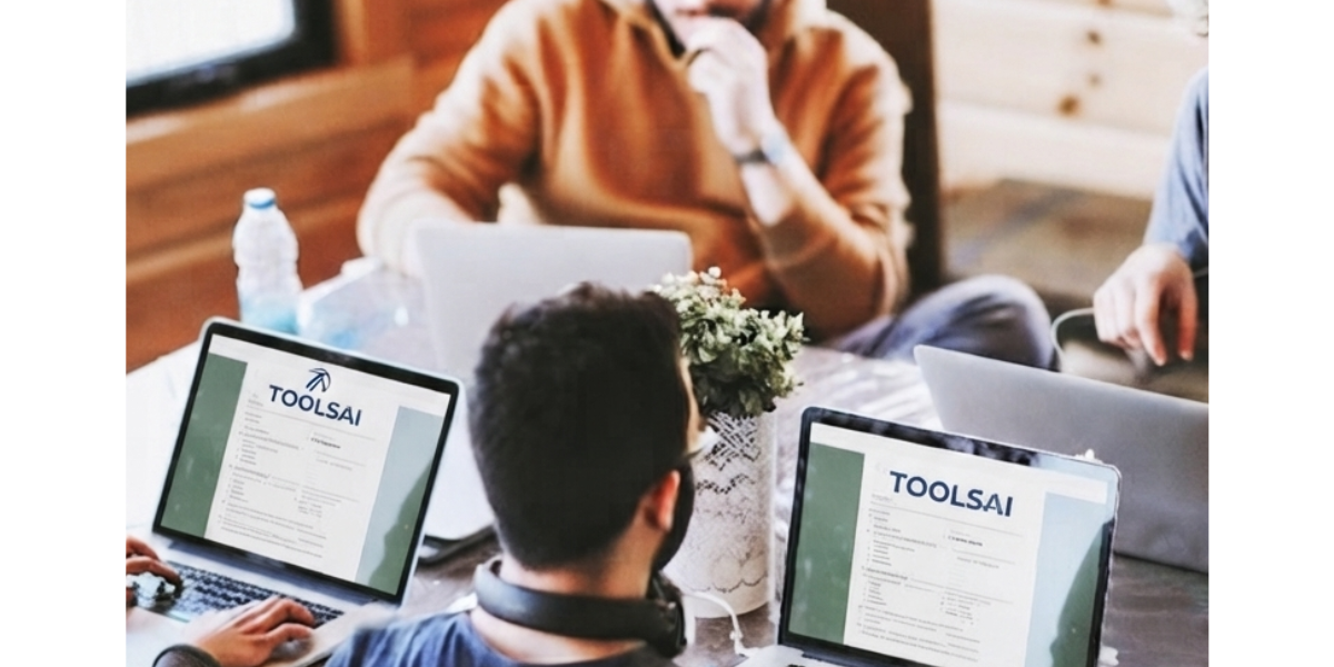 toolsai.Four adults collaborate around a rustic wooden table, each focused on a laptop. Both visible screens clearly display a document with the "TOOLSAI" header.