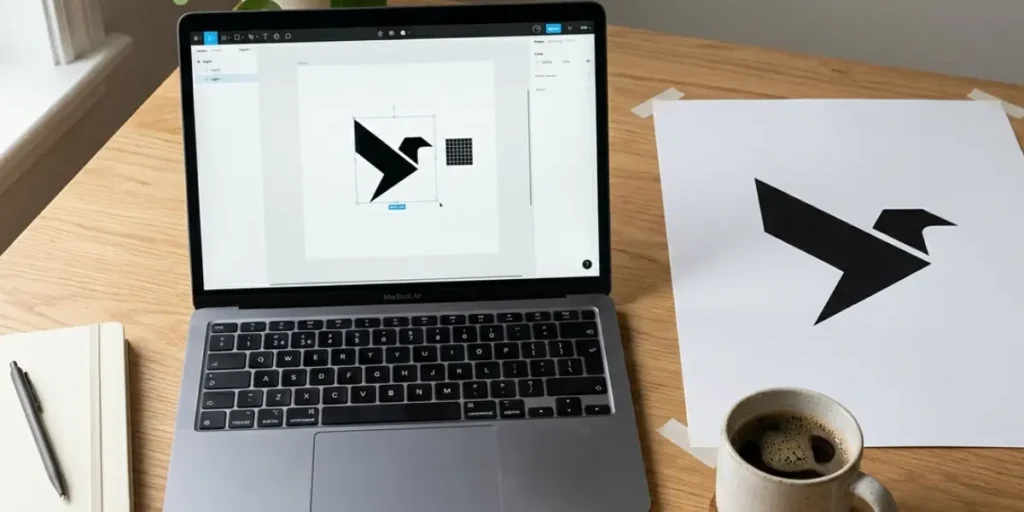 Adobe Express SVG Converter: The Complete Free Guide (2026) A laptop displaying a bird logo design sits on a wooden desk next to a coffee cup, a notepad, and a printed version of the same logo.Adobe Express SVG Converter